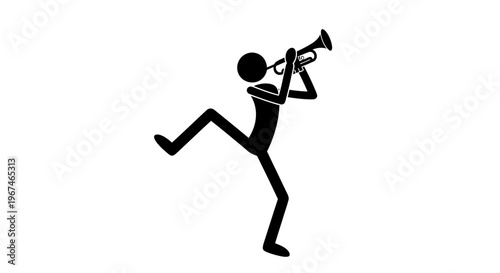 Stick Figure Musician Playing Trumpet with Dynamic Movement on Isolated White Background