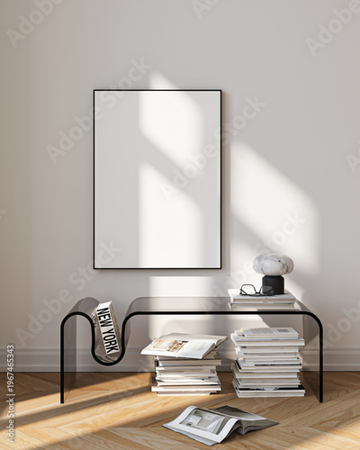 Modern Living Room Poster Frame Mockup with Natural Light and Minimalist Decoration. 3D render.