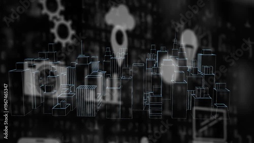Binary grid forming, wireframe city rotating and panning, cloud, WiFi, chart visualizing technology