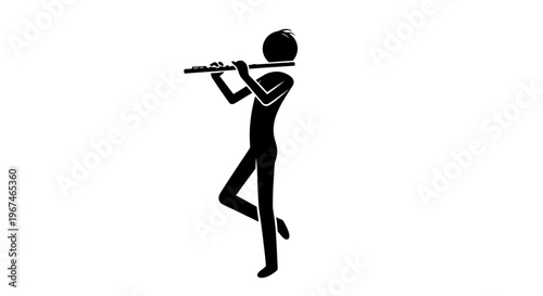 Stick Figure Man Playing Flute Standing on One Leg on Isolated White Background