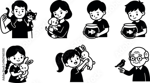 Diverse people with pets including cat dog fish and rabbit