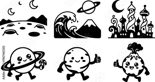 Cute cartoon planets with thumbs up and playful space scenes in black and white vector art