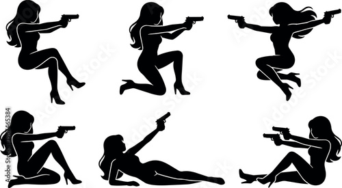 Silhouettes of women holding pistols in various action poses black and white vector art