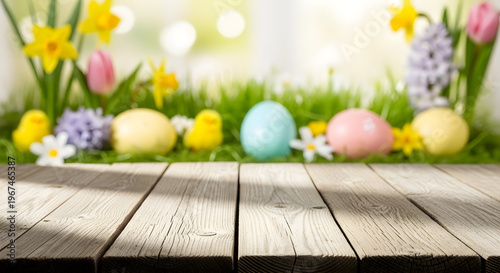 Empty wooden table background - easter spring theme