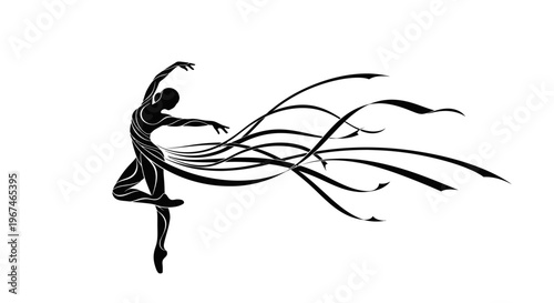 Energetic Female Dancer Silhouette with Flowing Ribbons on Isolated White Background.