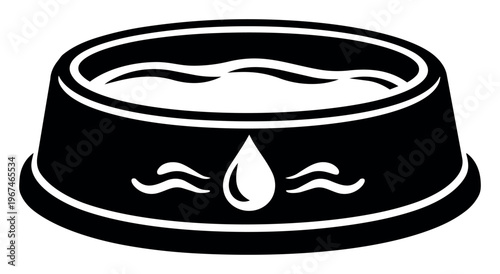 Pet bowl filled with water and a water drop icon. Representing animal hydration, care, and liquid needs for pets