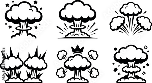 Black and white nuclear explosion icons with mushroom clouds and bursts