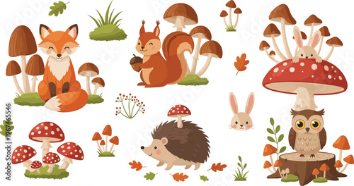 Cute Woodland Animal and Mushroom Vector Set with Fox, Squirrel, Hedgehog, Rabbit, Owl, and Autumn Forest Elements
