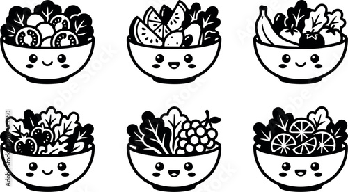 Black and white cute salad bowls with various fruits and vegetables faces vector art