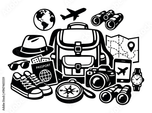 Travel items arranged together, representing global exploration, vacation planning, and international adventure