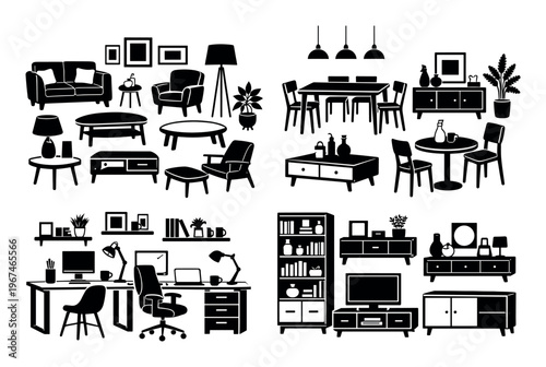 Modern home interior furniture silhouettes for various rooms, including living room, dining area, workspace, and entertainment