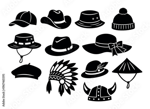 Different types of hats and headwear in black and white silhouette, representing various styles, cultures, and fashion