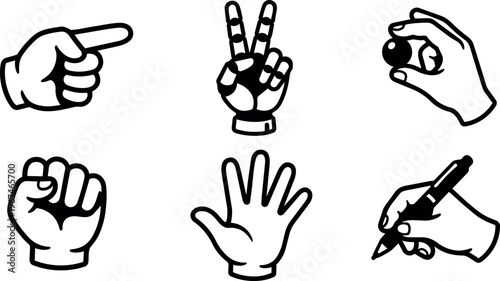 Bold black and white vector art of expressive hand gestures showing peace sign and writing