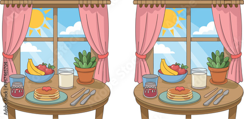 Side-by-side comparison of identical breakfast setup with pancakes, fruits, and window view