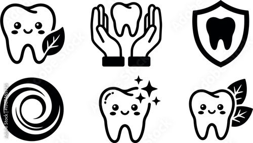Smiling tooth with leaf and protective hands dental icons in black and white