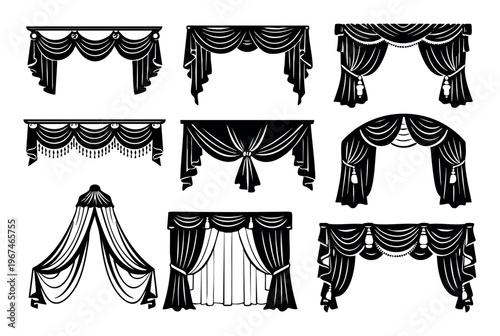 Nine black silhouette curtains and drapes vector set. Elements feature tassels, valances, and tie-backs for elegant decoration