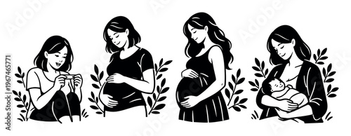 Woman progressing through different stages of pregnancy, holding a positive test, showing a growing belly, and nurturing a newborn baby