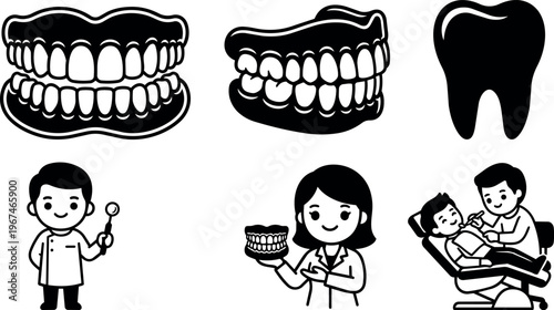Black and white dental care icons showing dentist examining teeth and dental models