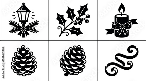 Black and white flat design christmas candle holly pinecone and lantern icons