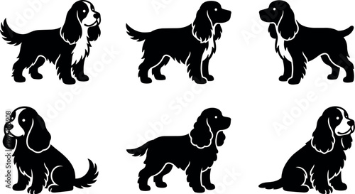 Black and white cocker spaniel dog silhouettes in various poses vector art
