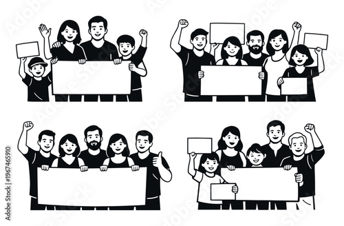 Diverse groups of people, including families, holding empty signs and banners for protest, activism, and social issues