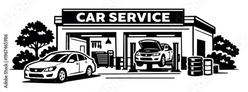 Car service center with a vehicle on a mechanical lift, another car parked outside, and service equipment