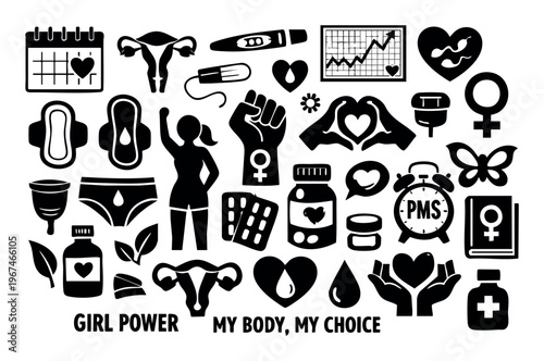 Women's health and empowerment glyph icons covering menstruation, reproductive rights, activism, and body positivity