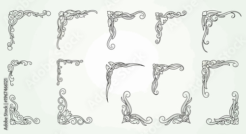 Collection of Black Line Art Vintage Corner Frames and Borders on a light green background, classic and versatile