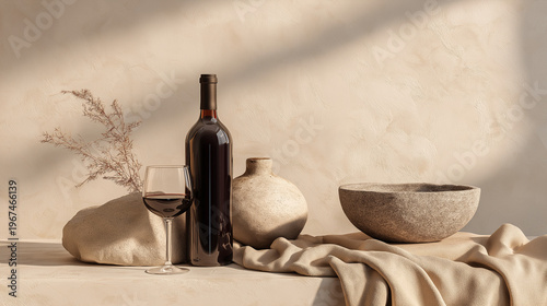 simple luxury wine setup with clay, stone, and linen textures, soft sunlight, minimal composition