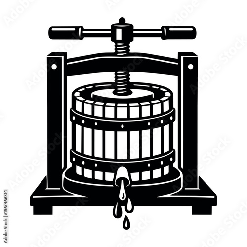 Old style grape press extracting liquid, showing the process of juice making for fermentation in a vineyard or orchard