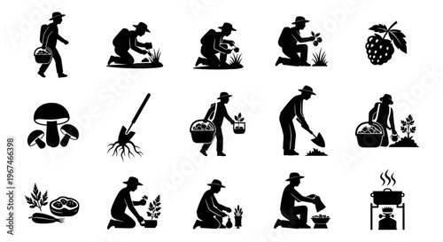 Black silhouettes of people gardening and farming.