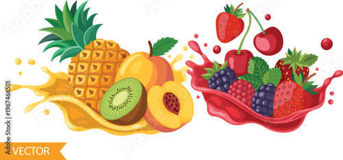 Vibrant vector illustration of fresh fruits including pineapple, kiwi, peach, and mixed berries