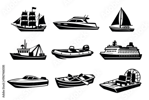 Set of various boats, ships, and vessels illustrating maritime transport, cruise, fishing, recreation, and sailing crafts