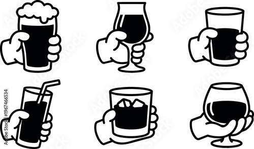 Hands holding various drink glasses with foam ice and straw