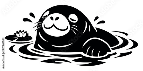 Cute seal or sea lion happily swimming in water, surrounded by splashing drops and a beautiful lily pad. Fun cartoon marine animal