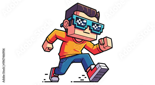 Cartoon man wearing 3D glasses running.