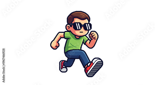 A cartoon boy running quickly outside.