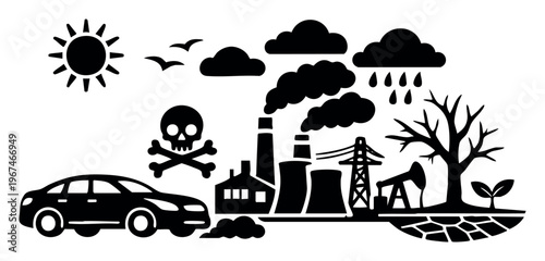 Global pollution causing climate change and environmental damage, showing factory smokestacks, car exhaust, oil derricks, dead tree, and cracked earth