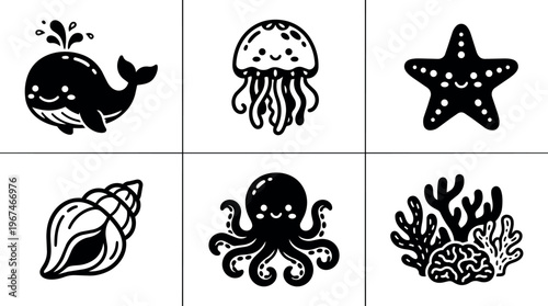 Black and white cute sea animals and coral vector art collection