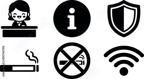 Black and white receptionist information shield no smoking and wifi icons