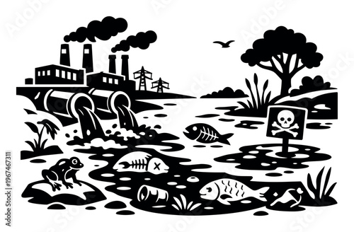 Industrial facility discharging toxic runoff into a polluted water body, leading to dead fish, bones, and a frog on a rock. Skull and crossbones sign warning of hazard