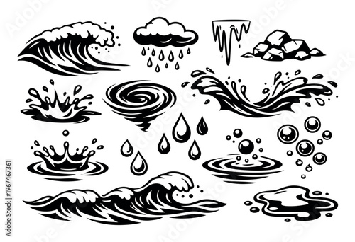 Water icon set displaying splashing waves, falling rain, swirling whirlpool, melting ice, and flowing liquid