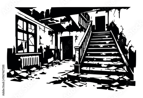 Interior of an abandoned house with a decayed staircase, broken window, and scattered debris covering the floor