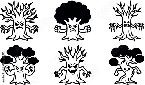 Angry tree characters with fists and clawed hands in black silhouette vector art