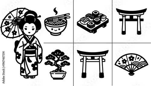 Black and white japanese cultural icons including geisha dumpling bonsai and torii gate