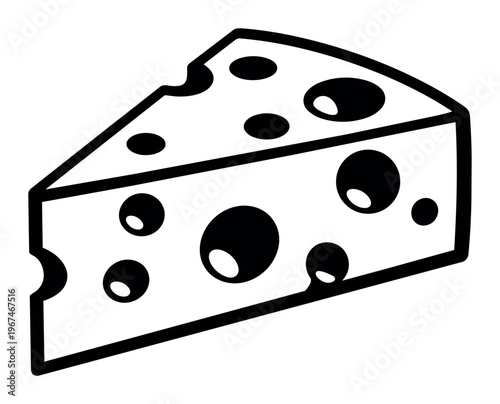 Cheese wedge showing typical holes, black and white vector illustration for food, nutrition, and dairy concepts