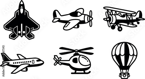 Various aircraft icons including jet fighter biplane and hot air balloon