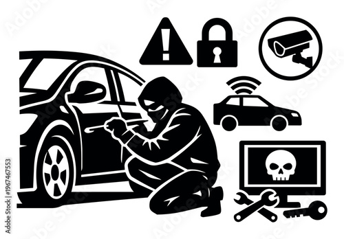 Car thief trying to unlock a car door surrounded by icons symbolizing cyber threats, breaches, and monitoring