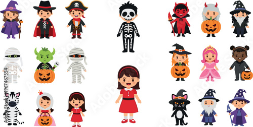 Halloween Costume Set Featuring Children in Pirate, Skeleton, Devil, Mummy, Witch, Cat, Pumpkin, Princess, and Other Fun Outfits for Halloween and Party Designs