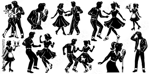 1950s retro rock and roll silhouettes set. Vector collection of dancing couples, rockabilly characters, roller skating waitresses, isolated